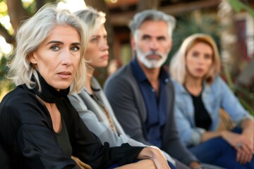 Portrait of a sad mature woman sitting in front of her family