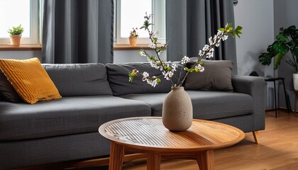 Close up of ceramic vase with blossom twigs on round wooden coffee table against grey sofa and window. Minimalist home interior design of modern living room