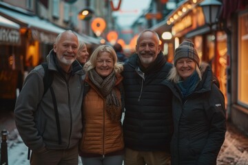 Group of senior people in winter clothes on the street of old town