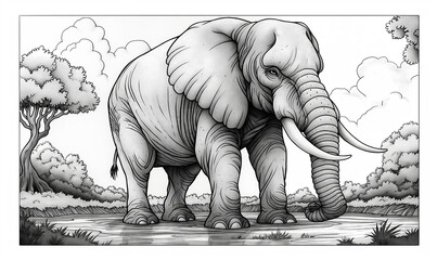 Black and white illustration for coloring animals, elephant.