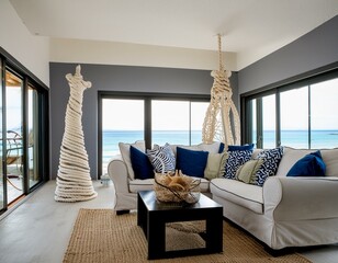 Coastal style home interior design of modern living room.