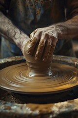 Sculpting magic from clay, hands on wheel, artistry in motion, studio serenity, styled with simplicity.