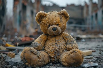 Children teddy bear lies on street in destroyed city ruins. Stop War background, nuclear explosion and kids teddy bear a ruined city.