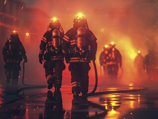 Fototapeta premium Firefighter team in action, teamwork and urgency, emergency scene, dramatic lighting, minimal illustrative style.