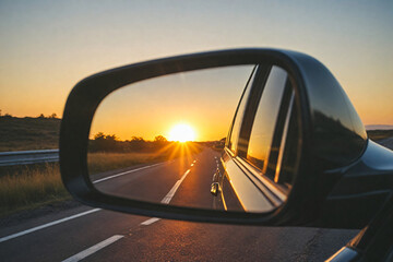 The rearview mirror of a car on the side of the road with the sun reflecting in the rear view mirror