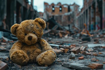 Children teddy bear lies on street in destroyed city ruins. Stop War background, nuclear explosion and kids teddy bear a ruined city.
