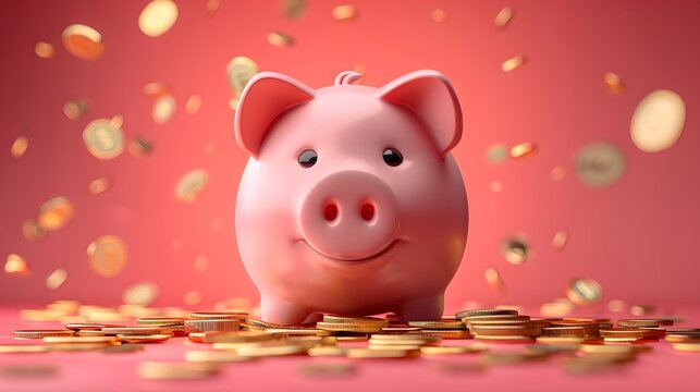 A piggy bank, surrounded by various coins and colors, inspires savings as a financial element for income boost in bank marketing. Cash deposits trade bokeh lights evoking prosperity.