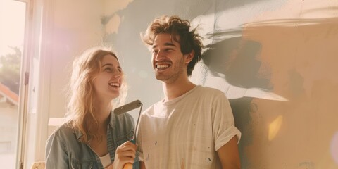 A young couple painting a wall in their new home, sense of beginning to their new journey together