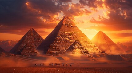 Desert Sunset with Pyramids and Camels - Generative AI Art - obrazy, fototapety, plakaty