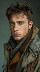 Adventure Man.  Generated Image.  A digital rendering of a young man in the middle of an adventure in gray tones background.  Ultra realistic style of photography.