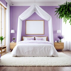 Photo picture frame mockup in bedroom with white canvas