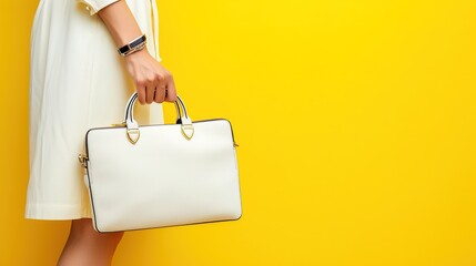White designer bag isolated, Female hands holds handbag on yellow background. Fashion concept