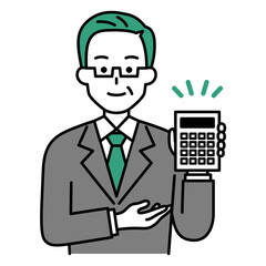 電卓を持って説明する年配のスーツの男性