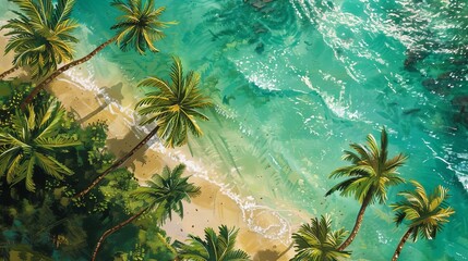 Create a captivating birds-eye view of a vibrant tropical island featuring a pristine beach with lush green coconut trees swaying in the breeze Show intricate details of coconuts ready to be harvested