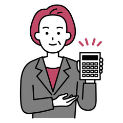 電卓を持って説明する年配のスーツの女性