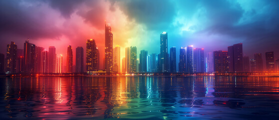 A cityscape with buildings illuminated in rainbow lights, pride month theme