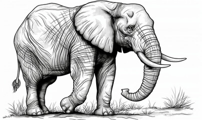 Black and white illustration for coloring animals, elephant.