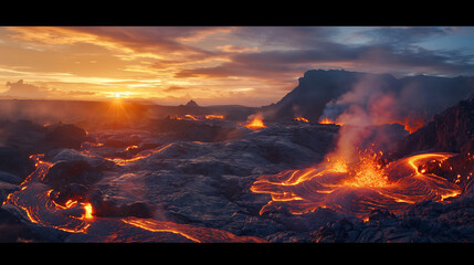 A dramatic volcanic landscape with steaming vents, rugged lava formations, and a fiery sunset sky