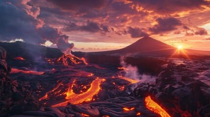 A dramatic volcanic landscape with steaming vents, rugged lava formations, and a fiery sunset sky