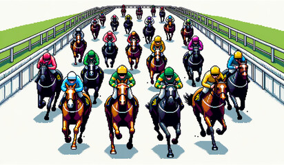 jockey riding horse in racer jockey sport pixel art illustration - obrazy, fototapety, plakaty