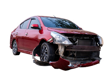 Car crash, Full body front and side view of red car get damaged by accident on the road. damaged...
