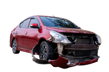 Car crash, Full body front and side view of red car get damaged by accident on the road. damaged cars after collision. Isolated on transparent background, car crash broken, PNG File