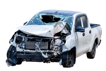 Front and side view of white or bronze pickup car get damaged by accident on the road. damaged cars...