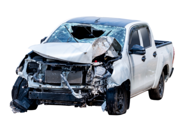Front and side view of white or bronze pickup car get damaged by accident on the road. damaged cars after collision. isolated on transparent background, PNG File
