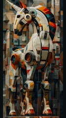 Produce a dynamic oil painting capturing the essence of robotic wildlife roaming within a cubist urban jungle Contrasting warm and cool tones, depict intricate details. - obrazy, fototapety, plakaty