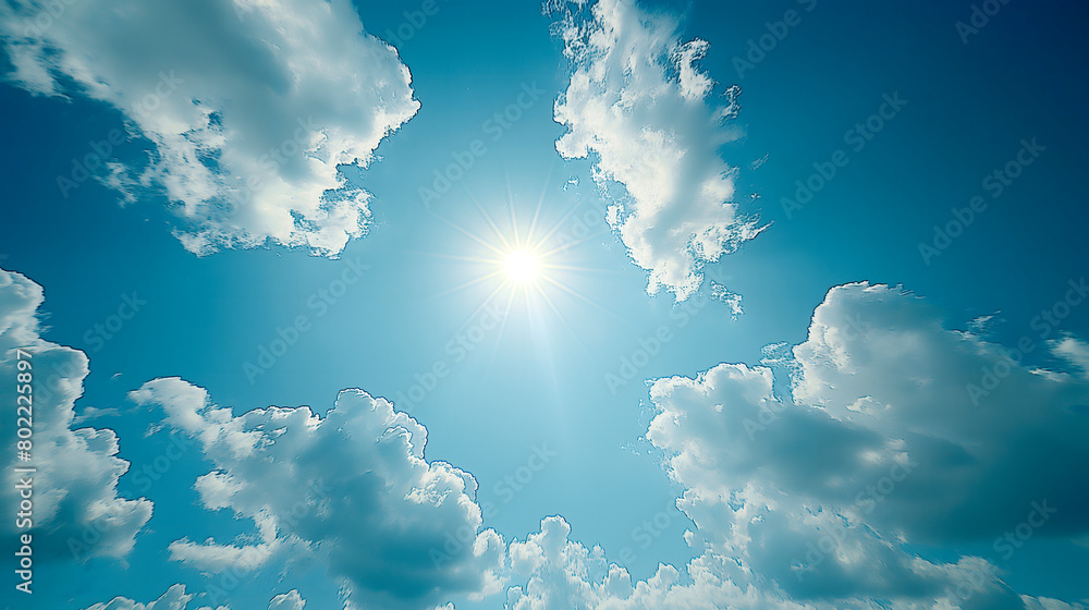 Wall mural blue sky background with white clouds and sun