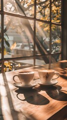 Two cups of coffee rest on a wooden table by a window, bathed in warm sunlight streaming through leafy trees, creating a cozy and inviting atmosphere for a relaxing break.
