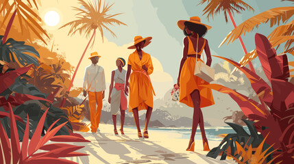 Obraz premium Tropical elegance: Stylish group dressed in vibrant orange walking along a beachside path with palm trees