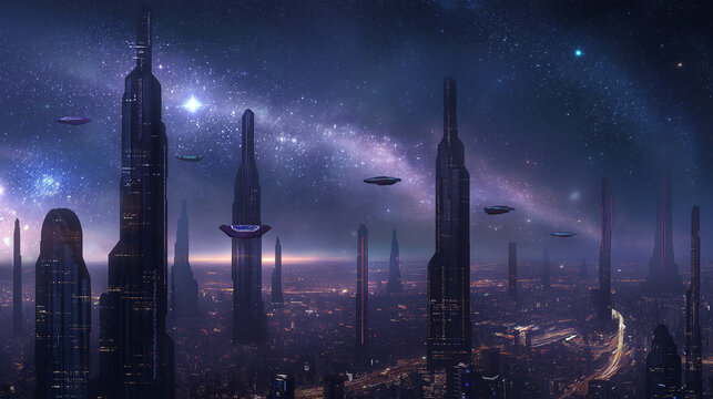 A futuristic cityscape with sleek skyscrapers and hovering transport pods under a starlit night sky