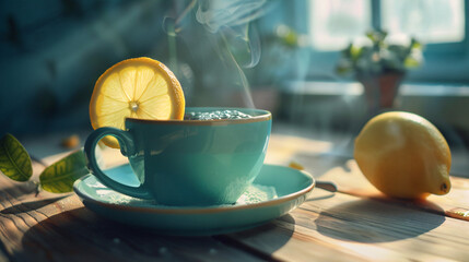 Cup of hot aromatic beverage with lemon on table