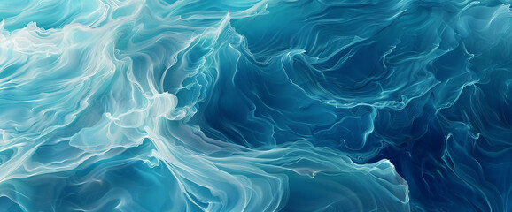 Design an AI-generated visualization showcasing the fluidity of ocean waves, with hues blending...