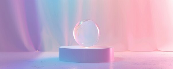 Iridescent Sphere on Pedestal with Pastel Rainbow Gradient - Modern Abstract