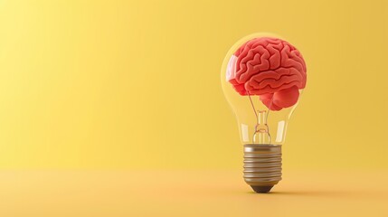 Brain inside of transparent light bulb placed on against yellow background, Brainstorming or knowledge. Creative idea of lamp, copy space, generative ai