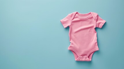 A pink baby onesie on a blue background.