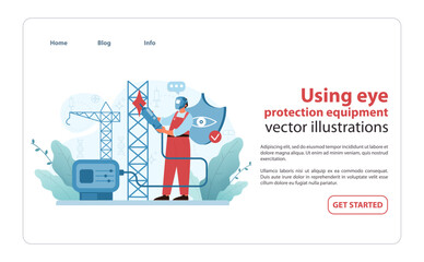 Workplace Eye Safety Illustration. A worker in protective gear uses equipment on a construction site.