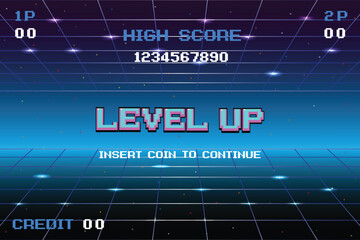 LEVEL UP. insert coin to continue. Synthwave wireframe net illustration. pixel art .8 bit game. retro game. for game assets .Retro Futurism Sci-Fi Background. glowing neon grid. and stars.