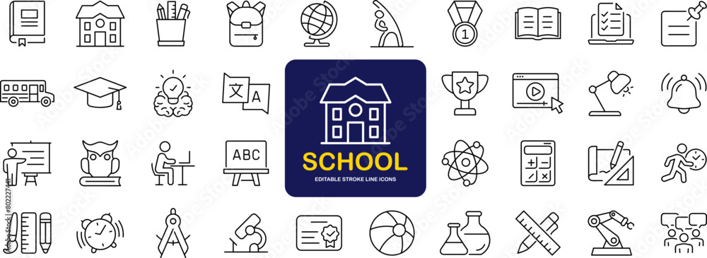 Poster school set of web icons in linear style. education and knowledge icons for web and mobile app. back 