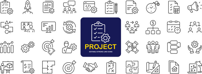 Management set of web icons in linear style. Project management icons for web and mobile app. Business, organisation management, planning, project, startup, marketing, teamwork. Vector illustration