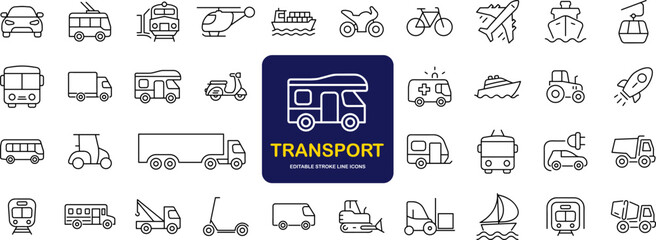 Transport set of web icons in linear style. Transport, vehicle and delivery icons for web and mobile app. Public transport, car, bike, train, bicycle, plane, bus, metro, ship, bulldozer, helicopter