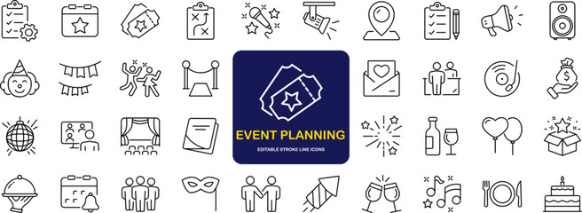 Event planning set of web icons in linear style. Event organisation icons for web and mobile app. Management, wedding, entertainment, catering, invitations, catering, coordination. Vector illustration