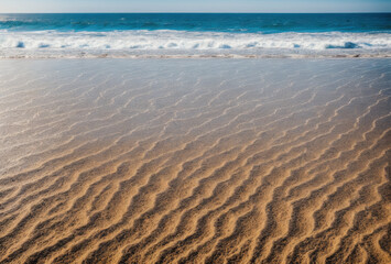 Obraz premium Abstract landscape of wind-carved sandy ripples against a blurred ocean background.. AI generated.