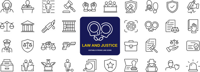 Law and justice set of web icons in linear style. Justice and law icons for web and mobile app. Legal documents. Law, judgement, prison, justice, court legal, lawyer, criminal. Vector illustration
