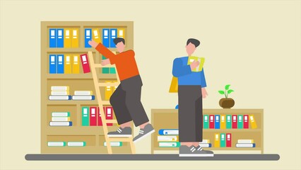 Animated video library concept. Full length animation illustration. High quality 4k footage