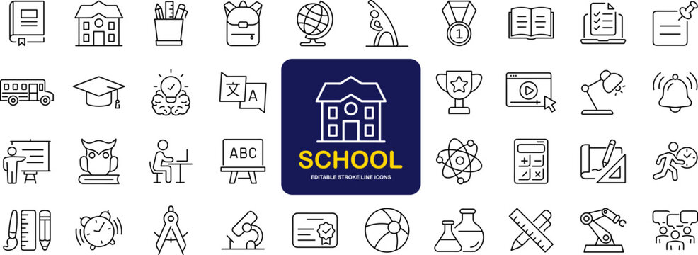 School set of web icons in linear style. Education and knowledge icons for web and mobile app. Back to school. Learning, classroom, students, online education. Vector illustration