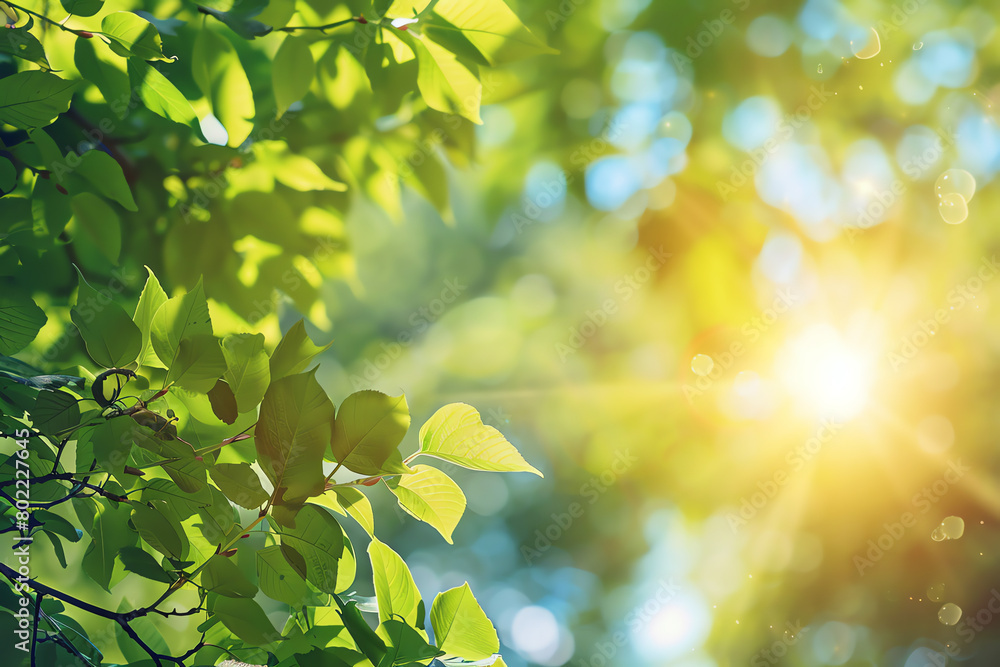 Poster sunlight filtering through green leaves in a tranquil forest setting during a bright afternoon