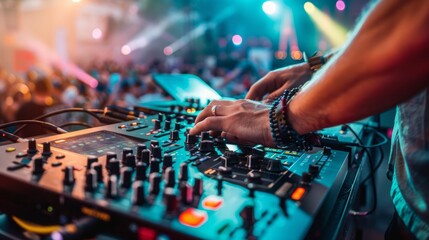 A DJ energetically mixes music on a stage in front of a lively crowd at a music event.